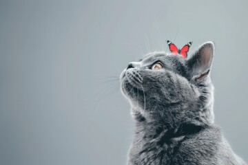 Wall Mural - profile view of a gray cat with a red butterfly on its neck on a light background. animal background.World pet day.Minimal, stylish, trendy holiday.Pet Store Poster Design, copy space - generative ai