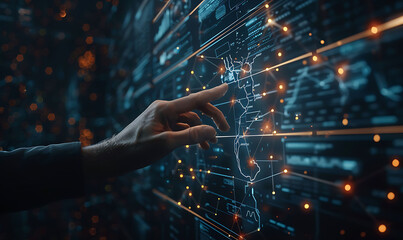 Poster - hand interacts with a virtual network of interconnected nodes and glowing points on a futuristic interface, symbolizing advanced technology, digital transformation, and seamless data connectivity