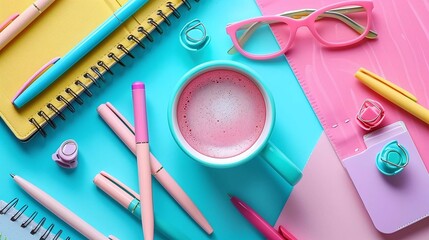 Wall Mural - Imagine a flat lay of colorful pens, a planner, and a summery coffee cup