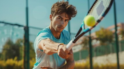 Tennis player focusing on the ball, mid-swing action
