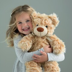 Sticker - A young girl is holding a stuffed teddy bear. She is smiling and she is happy