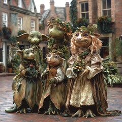 Wall Mural - Four green creatures with leaves on their heads stand in a row. They are dressed in costumes and holding flowers