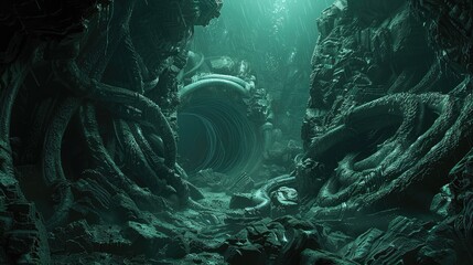 Wall Mural - A dark, murky tunnel with a large opening. The tunnel is filled with twisted, gnarled vines and rocks