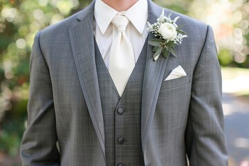 Wall Mural - Close up of groom in gray suit with white vest and tie, wearing flower for wedding day outdoors at church