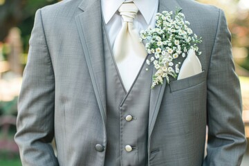 Wall Mural - Close up of groom in gray suit with white vest and tie, wearing flower for wedding day outdoors at church