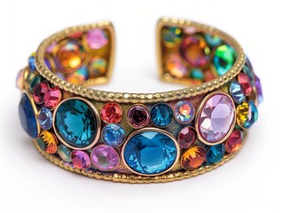 Wall Mural - A colorful bracelet with many different colored stones. The bracelet is made of gold and has a variety of colors including blue, purple, and pink