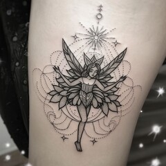 A tattoo of a fairy on a woman's arm. The tattoo is black and white and has a lot of detail. The fairy is wearing a dress and has wings. The tattoo is surrounded by a circle and stars