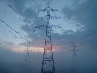 a tall power line tower with a cloudy sky in the background. the sky is hazy and the tower is the ma