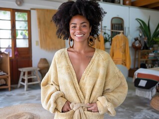 Canvas Print - A woman wearing a yellow sweater and brown earrings is smiling. She is standing in a room with a lot of plants and a few chairs