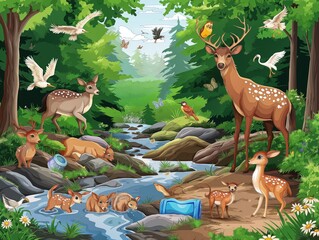 Canvas Print - A group of animals are in a forest, including deer, birds, and a dog. The scene is peaceful and serene, with the animals enjoying the natural environment