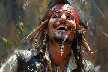Wall Mural - Bold Buccaneer: Detailed Digital Painting of a Happy Red-Haired Masculine Pirate