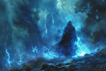 Wall Mural - Electric Enchantment: Mesmerizing Mage in the Mystical Forest at Night