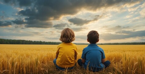 two small children, a boy and a girl, sitting on the grass, symbolizing childhood and friendship.