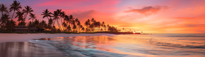 Wall Mural - Tropical Sunset Beach with Palm Trees and Gentle Waves