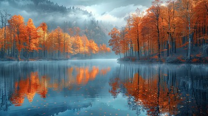 Poster - Peaceful forest lake reflecting the trees and sky, with morning fog creating a calm and serene environment perfect for nature backgrounds. Illustration image,