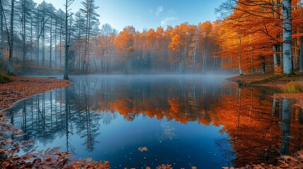 Poster - Peaceful forest lake reflecting the trees and sky, with morning fog creating a calm and serene environment perfect for nature backgrounds. Illustration image,