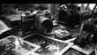 © TK - Studio - A black and white photo of a camera and a few pictures