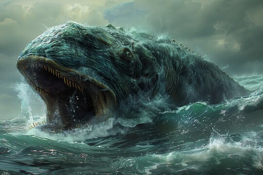 3D Ocean Depths Mythical Beast: Detailed Sea Monster Illusion Scene
