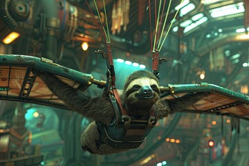 Detailed Futuristic Sloth Hang-Gliding Expedition