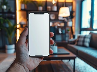 Wall Mural - Close up hand holding an Phone with white background on screen