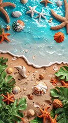 Wall Mural - Summer holiday background. top view 3d beach clay style, copy space for your text.