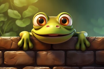 Wall Mural - cartoon frog peeking over the wall