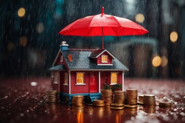 Poster - miniature house and gold coins with red umbrella during rain, home insurance concept