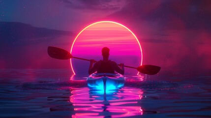 A neon logo of an olympic rower in the distance sitting inside his kayak with blue and pink lights on dark background, Generative AI illustrations.