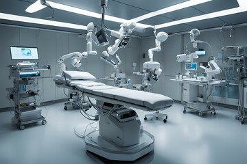 Futuristic operating room, advanced robotic surgery equipment, high-tech medical facility, sterile environment, cutting-edge healthcare technology, modern surgical suite