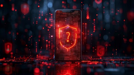 Vector flat illustration of mobile security concept and an exclamation mark, shield icon, popup window on smartphone screen showing a system is being damaged
