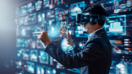 Wall Mural - a businessman using a virtual digital business management system through augmented reality technolog