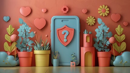 Vector flat illustration of mobile security concept and an exclamation mark, shield icon, popup window on smartphone screen showing a system is being damaged
