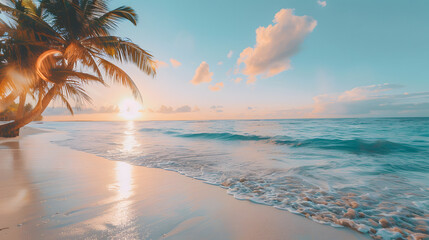 Wall Mural - Serene sunrise on a sandy beach with gentle waves and palm trees