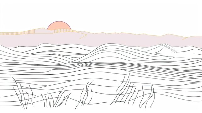 A simple line drawing of sand dunes in the UAE desert, desert grass with desert hues and a sunrise, parallel lines in white with a hint of sunrise