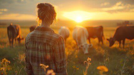 evening feeding: female farmer tending to cows in the field