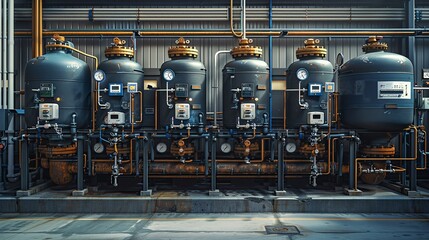 Wall Mural - Industrial Background, Pipes and valves in a water treatment plant, with clear labeling and control panels, emphasizing the technical aspects of water management. Illustration image,