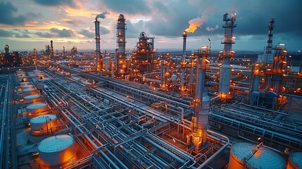 Wall Mural - Industrial Background, Wide shot of an oil refinery with extensive piping systems and storage tanks, under a dramatic, cloudy sky. Illustration image,