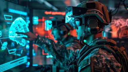 Wall Mural - in a dimly lit room a team of soldiers strategize together as they work through a vr military simula