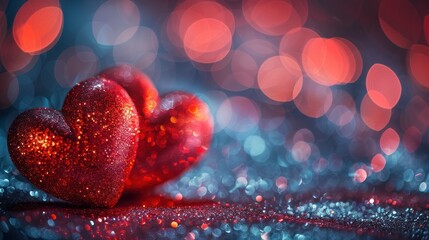 Wall Mural - Romantic Red Hearts on Glittery Background with Abstract Lights