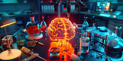 Wall Mural - The Glowing Cortex: A vibrant, colorful desktop with a glowing brain hemispheres, surrounded by scientific instruments
