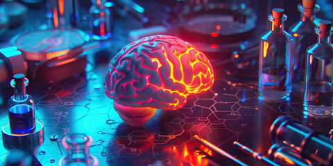 Wall Mural - The Glowing Cortex: A vibrant, colorful desktop with a glowing brain hemispheres, surrounded by scientific instruments