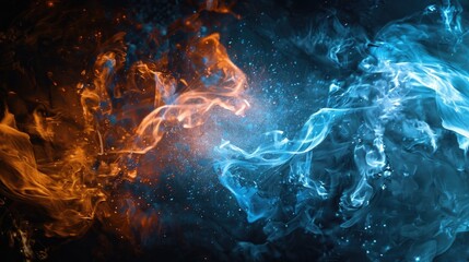 Wall Mural - Skingy abstract smoke explosion on a black background. A fire and water concept. Blue, orange and white colors. A realistic photo with volumetric lighting. 