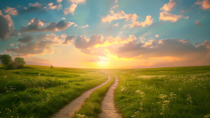 Wall Mural - Tranquil sunset path through blossoming meadow