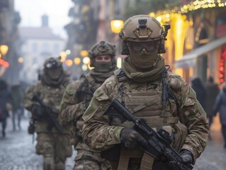 Wall Mural - A group of soldiers are walking down a street, with one of them wearing a helmet. The soldiers are wearing camouflage uniforms and carrying guns. The scene is set in a city