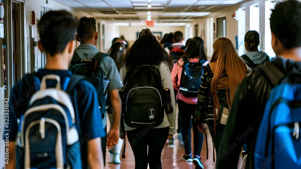 A diverse group of high school students walk through a crowded hallway ...