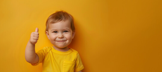 A cute smiling toddler in a yellow t-shirt shows a thumbs up gesture on a colored background.