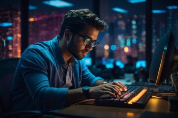 programmer man typing code on keyboard to create computer program in office room