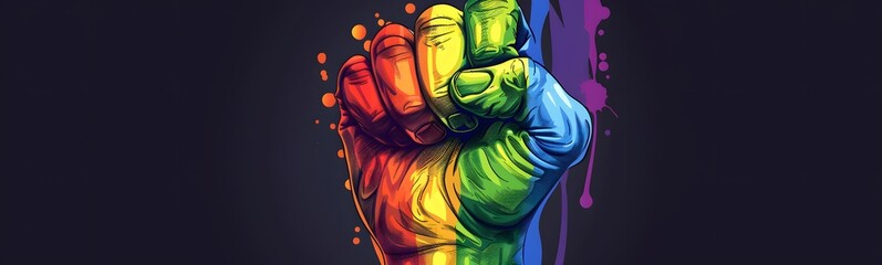 Wall Mural - Close up of a raised fist with LGBT rainbow flag