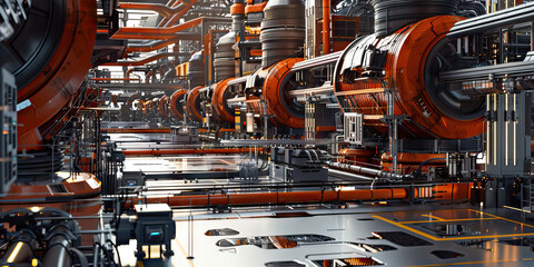 Wall Mural - Steel Techno-Industrial Complex: Displaying a vast industrial complex where advanced technology is manufactured and developed, with steel structures and robotic assembly lines