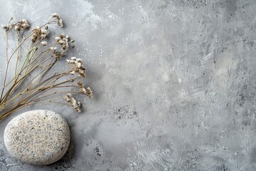 Minimalist round stone Rock and bouquet of dry on gray background. Place, background for cosmetics. Top view. Copy space - generative ai